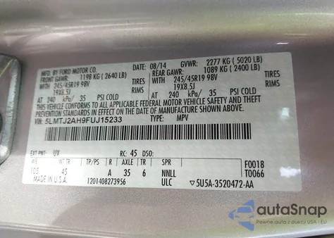 2015 Lincoln Mkc z USA, uszkodzony, nr VIN 5LMTJ2AH9FUJ15233